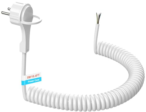 5M Schutzkontakt Verlängerungskabel mit Extraflach Schuko Stecker, Dehnbare Anschluss Spiralkabel Kunststoffleitung Verlängerungsleitung, Schuko-Stromkabel 230 V / 16 A, Weiß