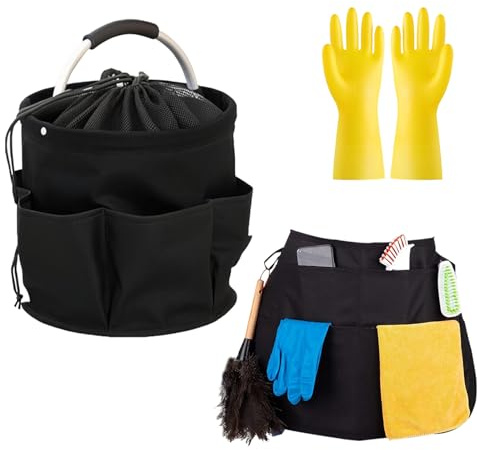 KIKAWORD Cleaning Caddy With Handle, Foldable Oxford Fabric Cleaning Organiser, Portable Multi Pocket Caddy Organiser, For Home, Garden, Picnic (With Apron, Waterproof Gloves)