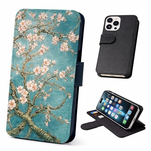 Almond Blossom Wallet Phone Case – Floral Faux Leather Flip Cover with Card Slots – Compatible with iPhone SE, 7, 8, X, XR, 11, 12, 13, 14, 15, 16, 16E, 17 (Plus, Mini, Pro, Max Models) Japanese Trees