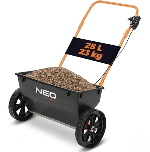 NEO TOOLS Streuwagen Streugerät 25L 23kg Kapazität, 50cm Streubreite, 10-stufige Dosierung mit Hebel, 25cm Räder, für Rasensamen Dünger Salz Sand, Ganzjahres-Gartenstreuer