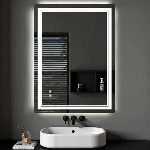 Hamlody Badspiegel mit Beleuchtung, Badezimmer Wandspiegel mit Led 3 Farben | Stufenlos Dimmbar, Badezimmerspiegel Beleuchtet mit Entschlagfunktion, Touch-Schalter Spiegel Bad