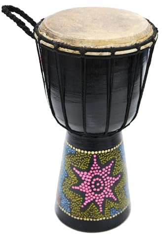 A-Star 6 Zoll bemalte bunte afrikanische Djembe-Trommel – authentisch handgefertigt, Seil gestimmt, Fell aus Naturfell – 30 cm Höhe, 15 cm Durchmesser