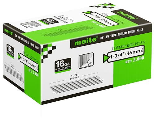 meite Type 16G / 45 mm Angled Finish Nails, 16 Gauge 20 Degree Galvanised Angled Finish Nails for Nailer Gun (2,000 Counts)