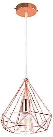 E27 Vintage Lustre Métal Suspension industrielle 25cm, Lampe de Plafond Abat-Jour Luminaire sans housse Forme Diamant Décoration d'éclairage pour Cuisine Hôtel Salon Chambre Escalier Couloir,or rose