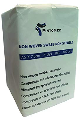 PintoMed - Compressa in TNT, Tessuto Non Tessuto, Tamponi di garza - non sterile, 4 ply, 7,5cm x 7,5cm, Pack 100