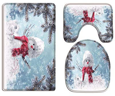 A.Monamour Badezimmer Badematte 3 Teilig Set Kiefer Weiß Schnee Schneeflocke Textur Niedlichen Schneemann Mit Roten Schal Weihnachten Flanell Saugfähig Badteppiche Badvorleger Badgarnitur WC Vorleger