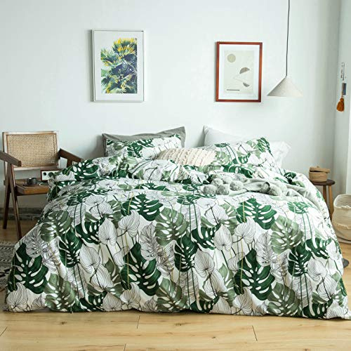 YuHeGuoJi 3-teiliges Bettbezug-Set, 100% Baumwolle, King-Size, grüne Monstera-Blätter, Bettwäsche-Set, 1 Bettbezug mit tropischem Pflanzendruck, Bettbezug mit Reißverschluss, bequem, atmungsaktiv