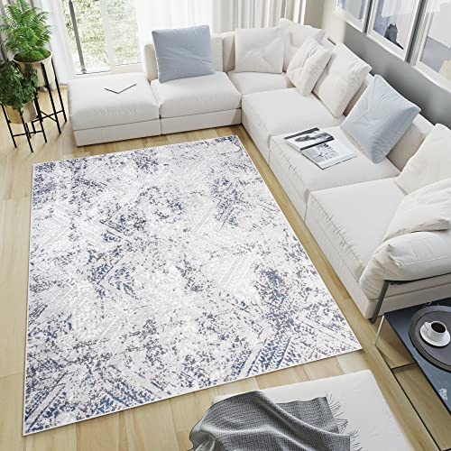 TAPISO Sky Teppich Kurzflor Creme Blau Grau Ornament Karo 140 x 200 cm