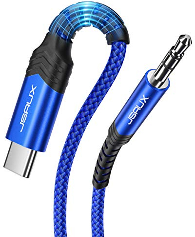 JSAUX Câble USB C vers Jack AUX 1 m, 3,5 mm Adaptateur pour casque de voiture auxiliaire en nylon tressé pour Huawei P40/P30/P20/Mate 20/30, Samsung Galaxy S22/S21/S20+/Note20/10/A8, Oneplus 7-Bleu