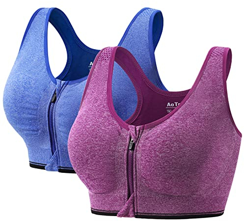 AoToZan 2 Stücke Sport BH Damen Starker Halt mit Reißverschluss Vorne, Gepolstert Push Up BHS Ohne Bügel Sports Bra für Running Fitness Yoga (Blau Lila,XL)