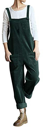 Petalum Womens Casual Corduroy Jumpsuit Retro Sleeveless Bib Overalls Dungarees with Pockets (Green, XL)