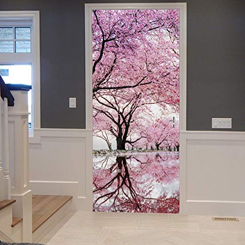 A.Monamour Sticker Porte Autocollant Poster de Porte 3D Arbre De Fleur De Cerisier Rose Japonais Avec Reflet Dans L'Eau Vinyle Affiche de Porte Sticker Mural Papier Peint Art Décor 77x200cm