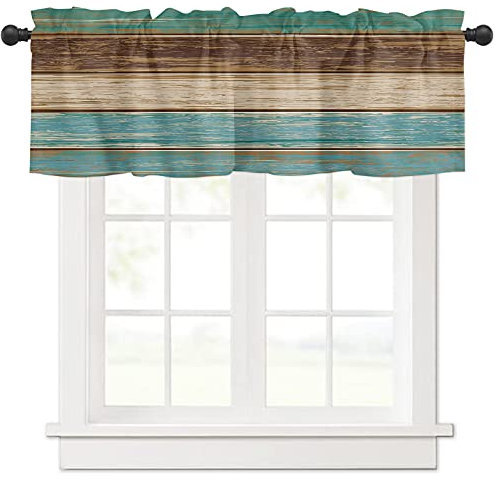 Volant-Vorhänge für Küchenfenster, Retro-Stil, rustikale Holzstruktur, Stangentasche, Volants, Fensterbehandlungen, Blaugrün, Grün, Braun, 137.2 x 45.7 cm, St. Patrick's Day Dekor