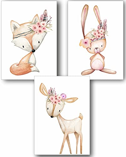 3er Set Wandbilder Kinderzimmer Poster | Din A3 & Din A4 | Babyzimmer Deko Mädchen Jungen Bilder Dekoration Aquarell Waldtiere skandinavisch (P1002)