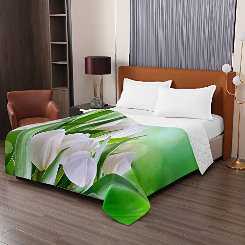 Chickw1 Tagesdecke Bettüberwurf Steppdecke, 3D Tulpe Blume Drucken Tagesdecken mit Präge Wohndecke aus Mikrofaser Gesteppt Bettdecke für Einzelbett Doppelbett (230x260cm,Weiß)