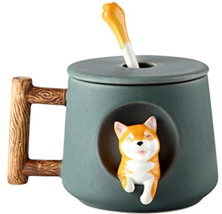 OhMill Tasse à Café en Porcelaine Fine Shiba Inu avec Cuillère et Couvercle - 420 ml - Cadeau Créatif Mignon
