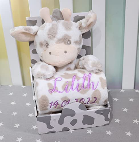 Geschenk-Set New Baby ★ Babydecke mit Namen + Plüschtier ★ Baby-Shower ★ Geburt ★ (Beige - Giraffe 2)