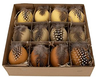 NaDeco Hühnereier, bemalt, 12 Stück, mit Hänger, in vielen Farben & mit verschiedenen Motiven erhältlich | Deko-Ostereier | Schöne Osterdeko zum Aufhängen, Farbe:Gelb mit Federn