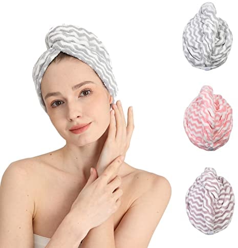 Good Nite Haarturban Haarhandtuch Haartrockentuch 3 Stück Wrap Super saugfähige schnell trocknende Haarkappen mit Knöpfen Mikrofaser für Handtücher Mädchen Lange lockiges nasses Haar(Rosa|Lila|Grau)