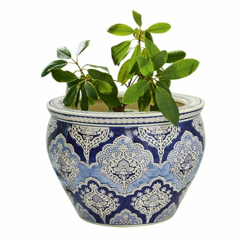 Loberon Aurélie Cache-Pot - en Porcelaine - Peints à la Main, Bleu/Blanc