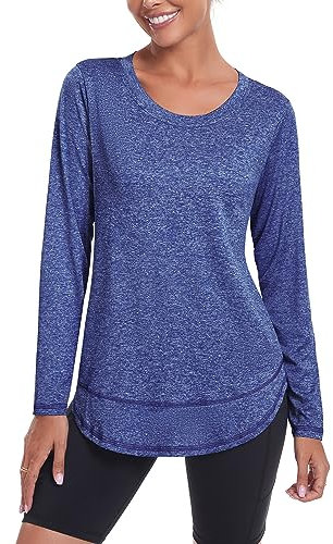 Deaviya Womens Long Sleeve Sports Tops UK, Sport Yoga T-Shirt Workout Running Tops, Crew Neck Quick Dry Golf Activewear Ladies Gym Sports Top, L,Dark Blue
