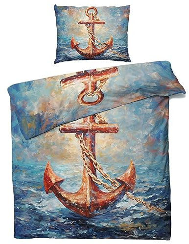 MOBEITI Anker Bettwäsche 135x200, Maritim Ankermotiv Wendebettwäsche, Weiche Kuschelige Mikrofaser Bettbezug Set 2teilig, 1 Kissenbezug 80x80, mit Reißverschluss