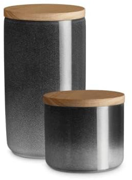 SPRINGLANE Keramik Vorratsdosen mit Holzdeckel Grau, Kautschukholz-Deckel, Aufbewahrungsdosen, Frischhaltedosen - (Grau Misty Cliff)