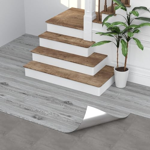 Oxdigi PVC Bodenbelag Selbstklebende 3m², Holzoptik Vinylboden Bodenfliesen, Verdickende Bodenaufkleber für Eingangstür, Wohnzimmer, Küche, DIY Zuschneidbar Vinyl-Fußböden 60x500 cm Grau