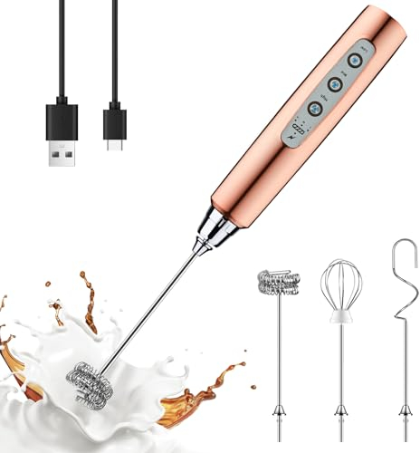 YUSWKO Rose Gold Handheld Milk Frother Wand for Coffee, Rechargeable Electric Whisk with 3 Heads 3 Speeds Drink Mixer Coffee Frother For Latte, Cappuccino, Hot Chocolate, Egg