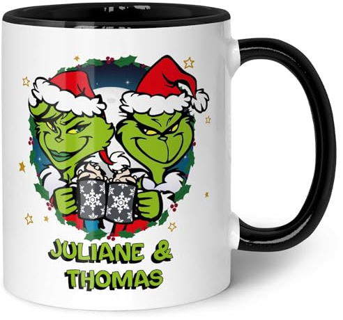GRAVURZEILE Bedruckte Weihnachtstasse - Grinch Paar - Personalisiert mit Name - Spülmaschinenfest & Mikrowelle geeignet - Weihnachtstasse als Geschenk für Sie & Ihn zu Weihnachten - Schwarz & Weiß