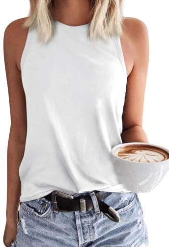 VEUNCOS Basic Tops Für Damen Lang Rundhals Ärmelloses Tank Top Sommer Lockere Shirt,Weiß L