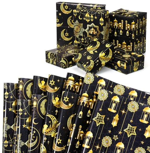 Sinmoe 12 Blatt Eid Mubarak Geschenkpapier, Schwarz und Gold | 68,58 x 50,8 cm Eid Geschenkpapier, In 4 Stilen, Mit Mond, Stern, Für Islamische, Muslimische, DIY Ramadan-Dekorationen