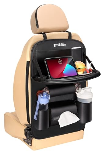 Einesin Autositz Organizer mit tisch, Organizer Auto Rücksitz Kinder, Premium PU-Leder, Wasserdicht Rücksitz Organizer mit Klapptisch, Tablet Tasche und Viele Taschen (Schwarz, 2 Stück)