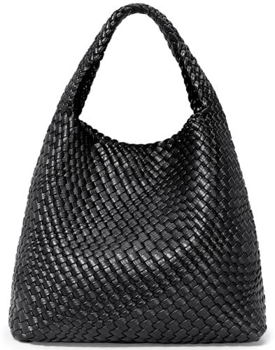 oscaurt Tragetasche für Damen, gewebte Ledertasche, gewebte Tragetasche, Damen-Handtaschen, Schultertaschen, Einkaufstasche, Top-Griff, Tasche mit Beutel, Geldbörse, Schwarz , Large