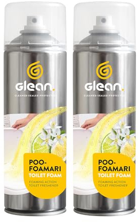 GLEAN Poo-Foamari Pre Poo Toilet Spray | Citrus | 2 x 500ml | Family Size Toilet Spray Traps Nasty Odours | Use Before You Go | Powerful Foaming Action Traps Odours and Cleans The Toilet Bowl