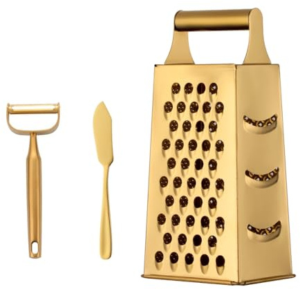 TEAHAHA Rallador de 4 lados para cocina, rallador de queso de acero inoxidable con asa, cortador de verduras multifunción para queso, jengibre, verduras, apto para lavavajillas, dorado