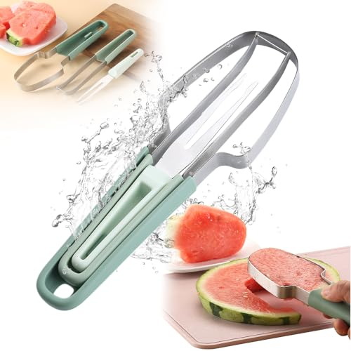 2024 Neu Wassermelonen Schneider, 3-in-1 Melonenschneider Obstschneider aus Edelstahl, Obstgabeln-Schneidemesser, Sommer Wassermelonen-Fruchtschneidegabel (Grün)