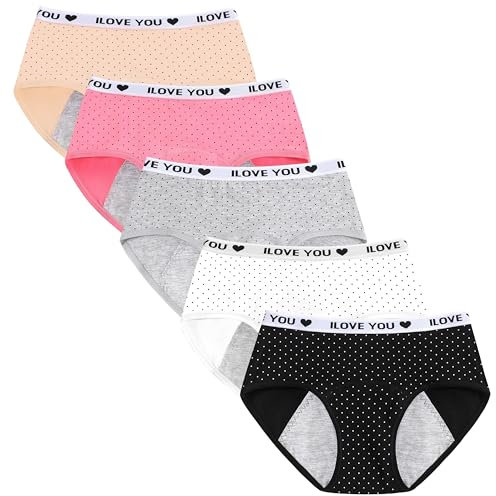Bysion Girls Period Panties Cotton Leak-Proof Underwear Menstrual Panties for Teens Age 10-18 Protective Mid Waist Knickers, Pack of 5 (Must Wear with Pad or Tampon)