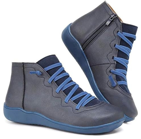 Nbzsmlkn Botines Mujeres Vintage Retro Con Cordones Y Cremallera Lateral A La Moda, Botines Planos De Tacón Bajo Cómodos (Azul,38)
