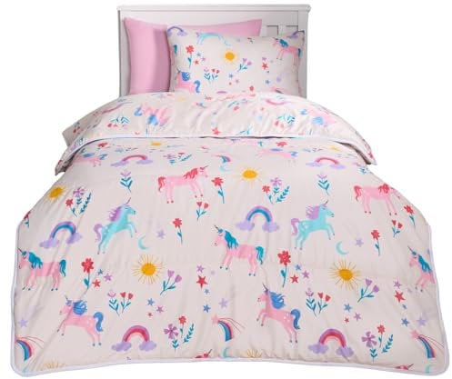 OHS Single Coverless Duvet Kids 10.5 Tog Kids Duvet with Pillowcase, Unicorn Print Pink Coverless Duvets Reversible, Washable Duvets Camping Sleepovers Super Soft Comfy,