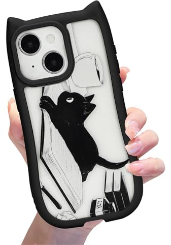 xoniery Compatible with iPhone 15 Cute Black Cat Case [ 3D Cat Shape ] [ Senior Shockproof Protective ] iPhone 15 Clear Case for Women Girls-Black