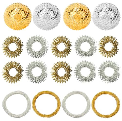 IKOPFLN 4 Stück Igelball Metall Akupressur Ball Magnetic Massagebälle Set mit 10 Massageringe & 4 Akupressur Armband Massage, Stressabbauend Massageball für Stress Relief Oder Massage（Gold + Silber）