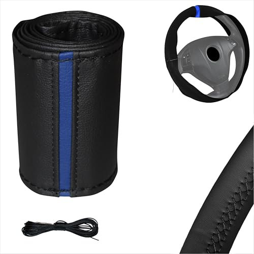 Xkeribom Auto Lenkradbezug ZUN Nähen aus weichem Leder mit 12 Uhr Markierung Leder Lenkradhülle Lenkradschutz (Lenkraddurchmesser 37-38 cm) (Blaues Markierung)