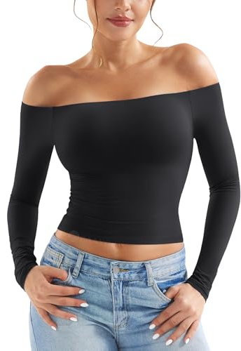 ZAAYO Långärmad axellös topp dam Y2K crop top basic långärmad tröja sport t-shirt off shoulder gym topp damer, svart, S