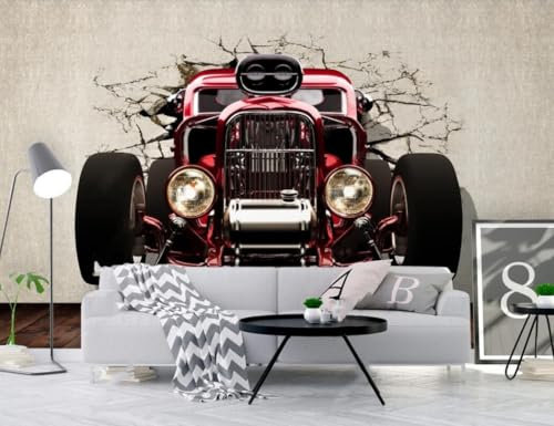 Fototapete 3D Effekt Tapete Holzoptik Vintage Red Car Broken Wall Hintergrund Wand 250x175cm Steinoptik Decke Schlafzimmer Wohnzimmer Kinderzimmer Wanddeko, Wandbild, Wandtapete