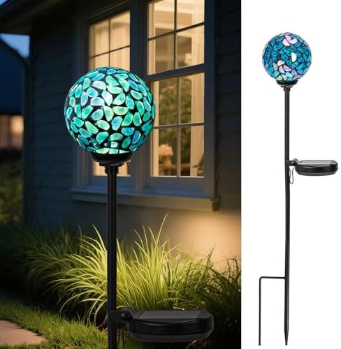 Solar Lights Outdoor Decorative, Solar Gazing Ball Mosaic Garden Stakes Waterproof LED Pathway Light Stakes for Landscape Yard Lawn Decoration (Blue) 1 Pack
