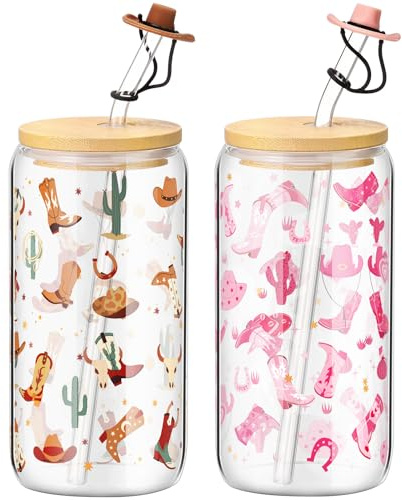 Baderke 2 Sets Western Cowgirl Beer Can 16 oz Drinking Cups with Bamboo Lid Glass Straw and Cleaning Brush Cowboy Boots Iced Coffee Cup Reusable Tumbler for Party Favors Gifts