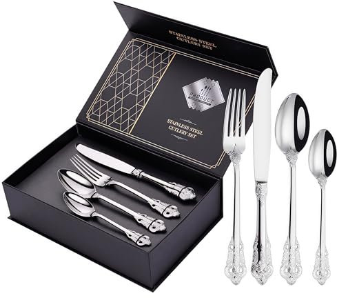 Set di posate da 24 pezzi, stile cortile, in acciaio inox 18/10, forchetta, cucchiaio, set di posate per 6 persone, posate in argento vintage per casa/ristorante/feste