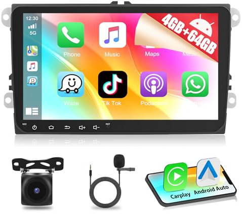 [4G+64G] Autorradio Motorsi para VW Seat Passat Golf 5 6 Polo Skoda con Carplay Android Auto,Radio de 9 Pulgadas con Android 15,GPS,WiFi,Bluetooth 5.0,EQ,FM,RDS y Cámara de Respaldo AHD con Micrófono