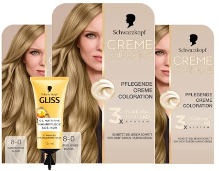 Schwarzkopf Creme Supreme Coloration 8-0 Natürliches Blond (3x182 ml), dauerhafte Haarfarbe & GLISS SOS-Intensiv-Kur Oil Nutritive 15ml, natürlicher Glanz und Geschmeidigkeit